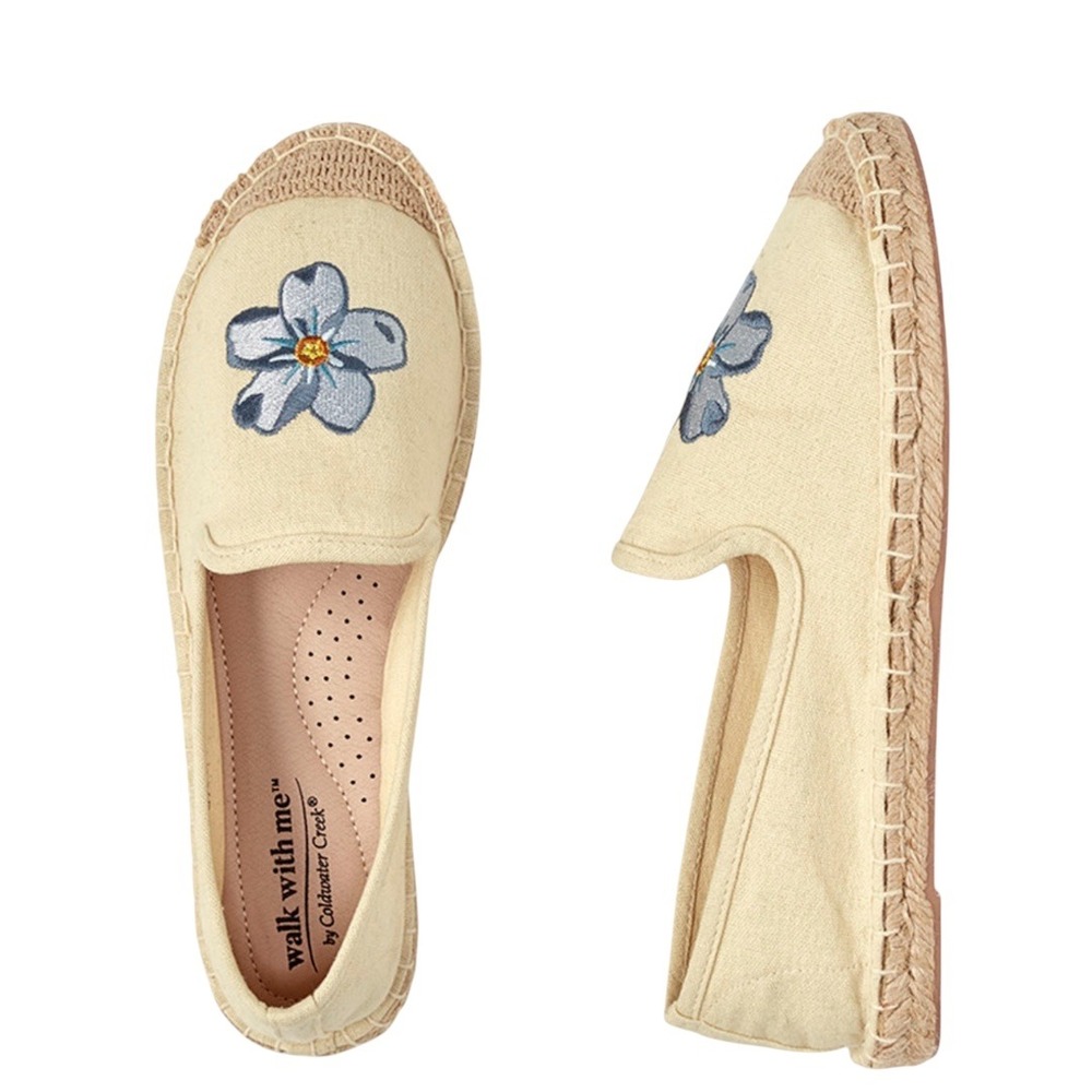Escape Espadrilles by Walk With Me Sz 7M Flax Creek Blue Floral Boho Slip On NWB
